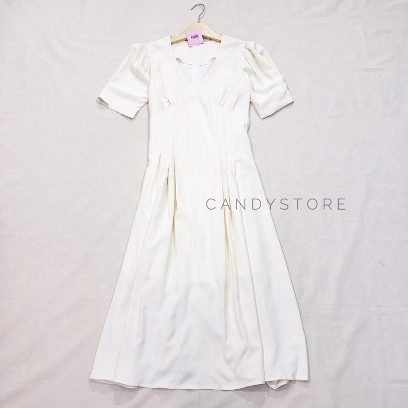 Đầm midi xếp eo cổ V tay phồng