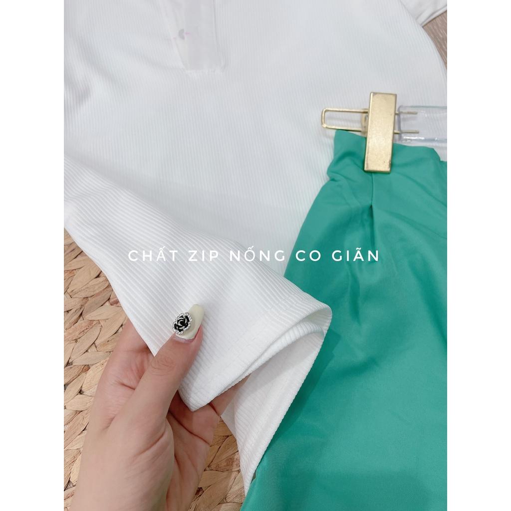 Bộ đồ nữ sang chảnh Set áo phông trắng cổ bẻ polo mix quần short ống rộng tacta xanh ngọc thời trang