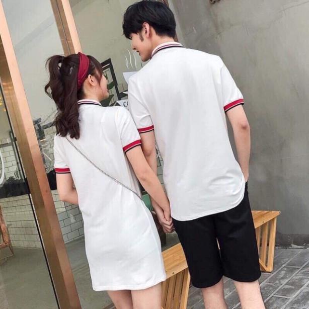 Áo đôi: Đầm thun Polo form suông và áo thun nam