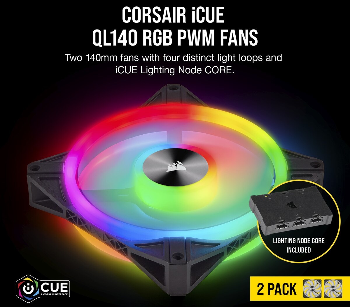 Bộ 2 quạt máy tính 140mm Corsair QL140 RGB LED kèm Node Core - Hàng Chính Hãng