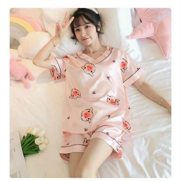 Đồ bộ lụa mặc nhà ngắn cổ V dễ thương Bộ pyjama ngắn siêu xinh