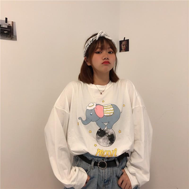 Áo thun tay dài CÓ BO TAY form rộng CON VOI chữ MOON ulzzang thu đông UNISEX