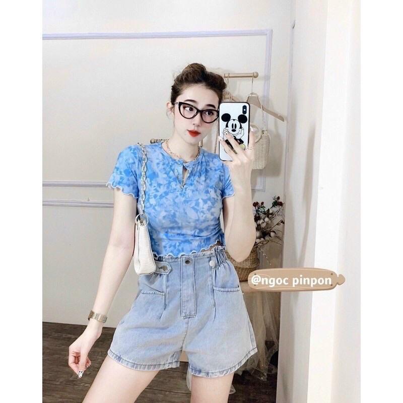 áo kiểu croptop nữ tay ngắn thun gân rút eo loang mẫu mới 2021