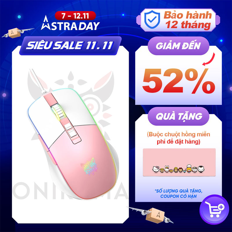 Chuột chơi game có dây ONIKUMA CW916 màu hồng trắng với đèn RGB [Hàng chính hãng