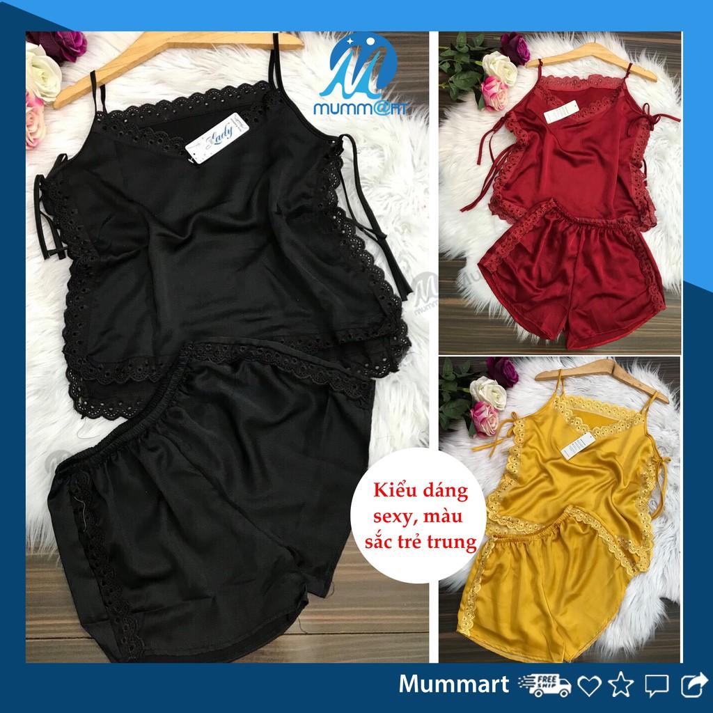 Bộ đồ ngủ hai dây sexy vải lụa satin cao cấp, phối ren viền tinh tế, vải lụa satin mát không nhăn