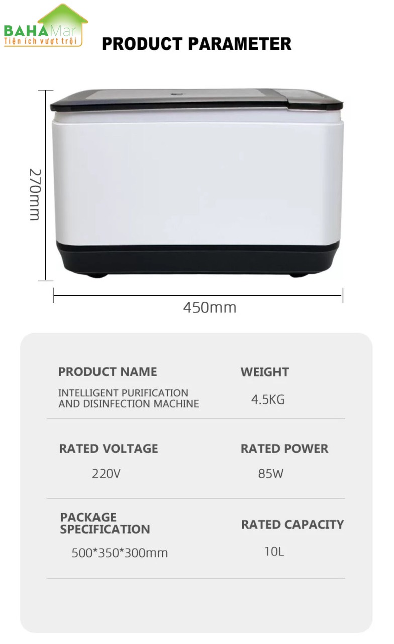 MÁY LỌC ĐA NĂNG THÔNG MINH RỬA KHỬ TRÙNG RAU QUẢ, THỰC PHẨM, BÁT ĐĨA "BAHAMAR" Sử dụng làm sạch bằng sóng siêu âm, làm sạch bằng oxy hoạt tính làm sạch xoáy toàn diện 360 °, loại bỏ cặn nông sản, khử trùng và tiệt trùng.