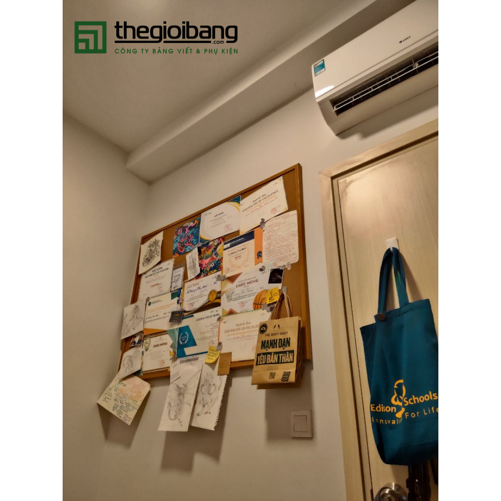 Bảng Ghim Lie Khung Gỗ Easyboard - KT 90x120cm - Bảng Ghim Bần Tân Hà - Tặng Phụ Kiện