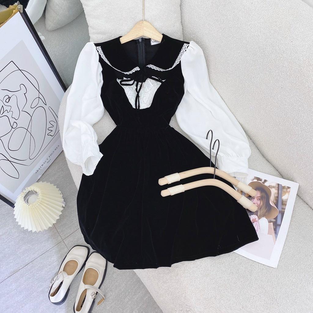 Đầm đen phối tay trắng cố sen thắt nơ vintage công sở công chúa tiểu thư dịu dàng dự tiệc