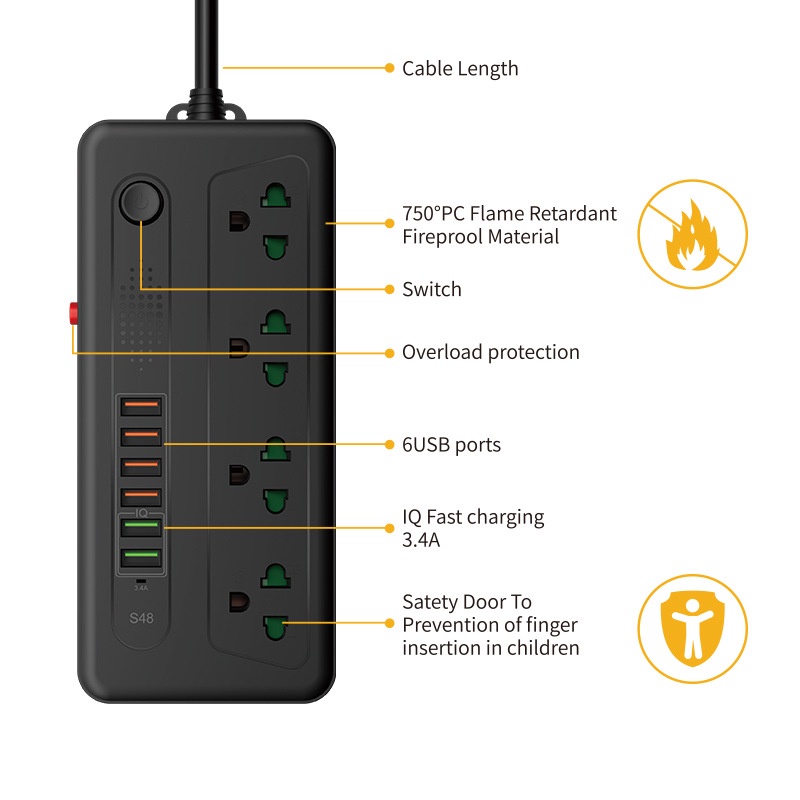 Ổ cắm điện đa năng, ổ điện thông minh POWER NT-S48 có 6 USB hỗ trợ sạc nhanh IQ 3.4A công suất 3000W tự động ngắt khi quá tải chống cháy nổ chống giật