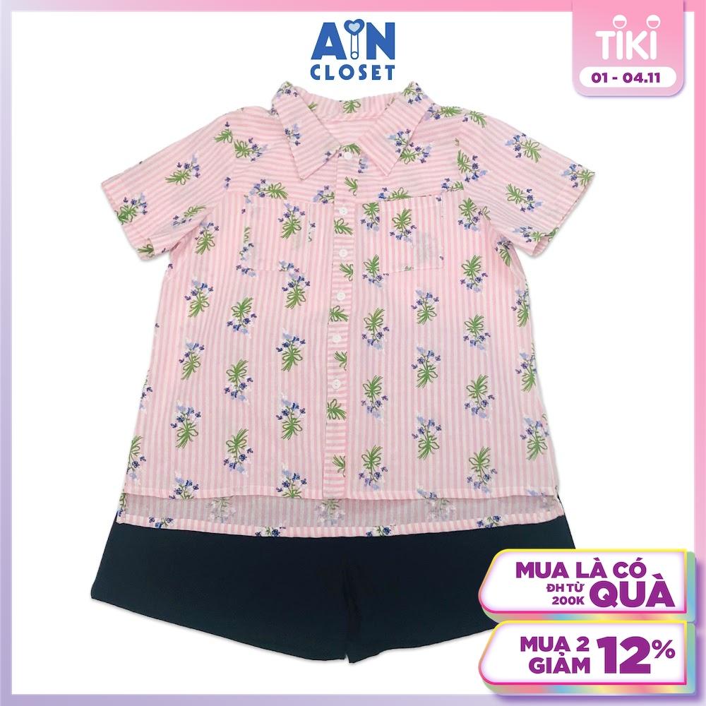 Bộ quần áo ngắn cho mẹ họa tiết Kẻ hồng hoa tím quần xanh cotton - AICDMEVXZLOF - AIN Closet