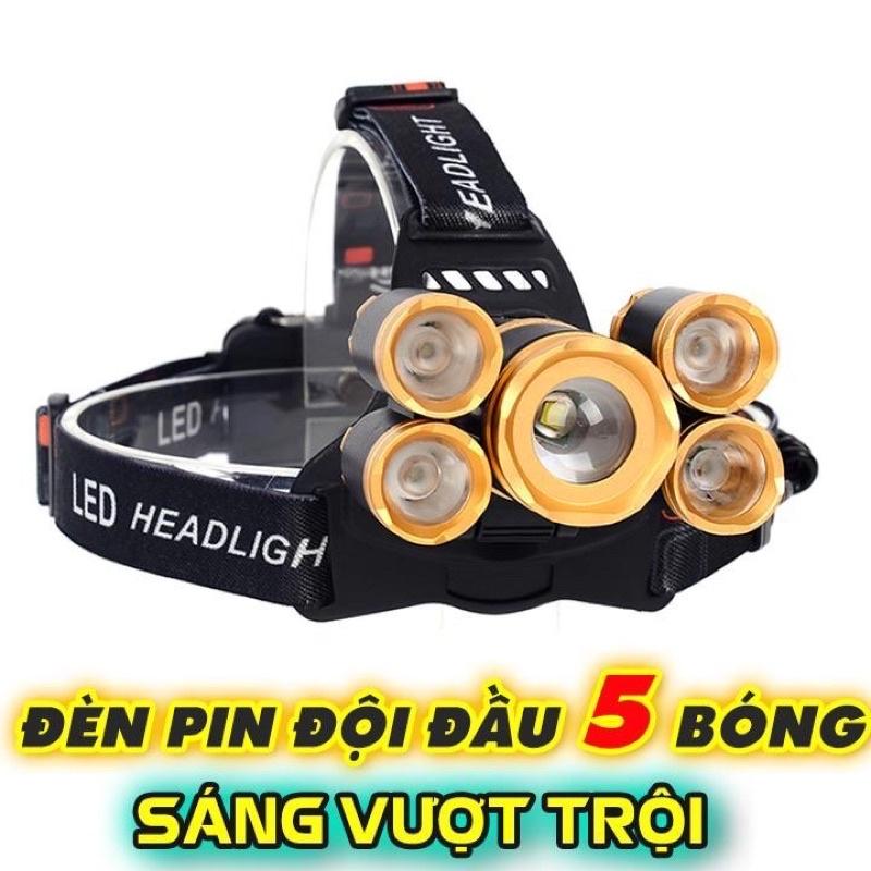 Đèn pin đội đầu đeo trán 5 bóng , đèn pin siêu sáng tích điện có dây đeo đầu chống nước tiện lợi