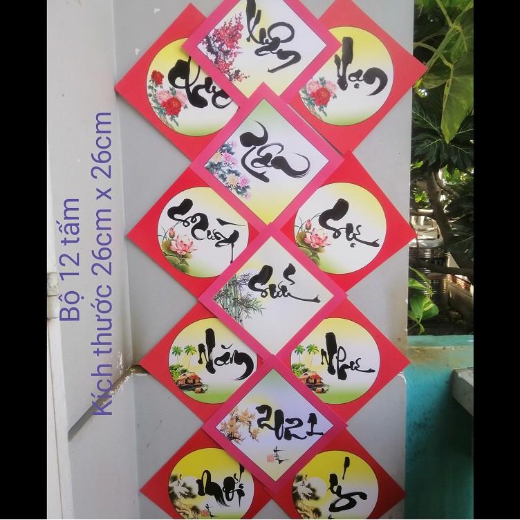 Bộ 12 tấm giấy dán trang trí tết.Quà tặng câu đối tết, Quà tặng , quà biếu tết.Thư pháp dán kính trang trí tết