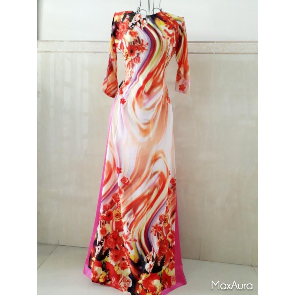 ÁO DÀI HOA - MÀU CAM - ảnh thật - siêu hot