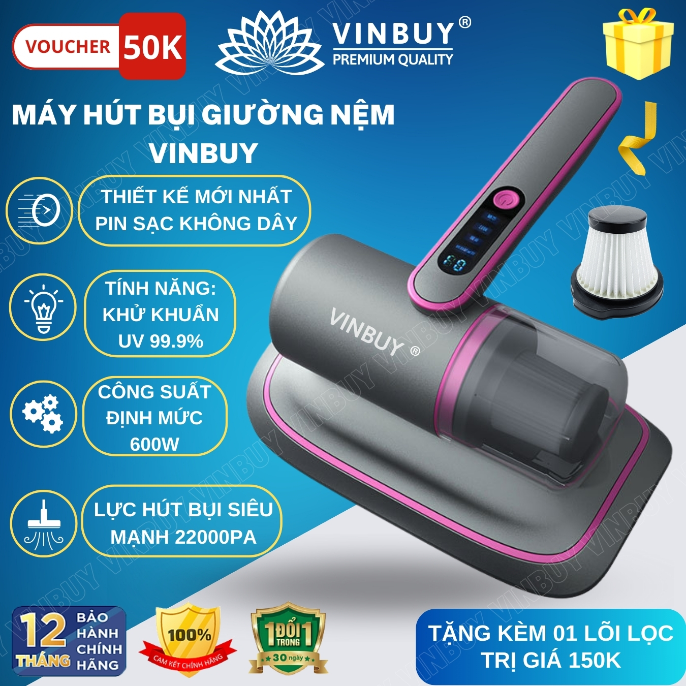 Máy hút bụi giường nệm diệt khuẩn UV, cầm tay pin sạc không dây lực hút mạnh 22000PA - Hàng chính hãng VINBUY