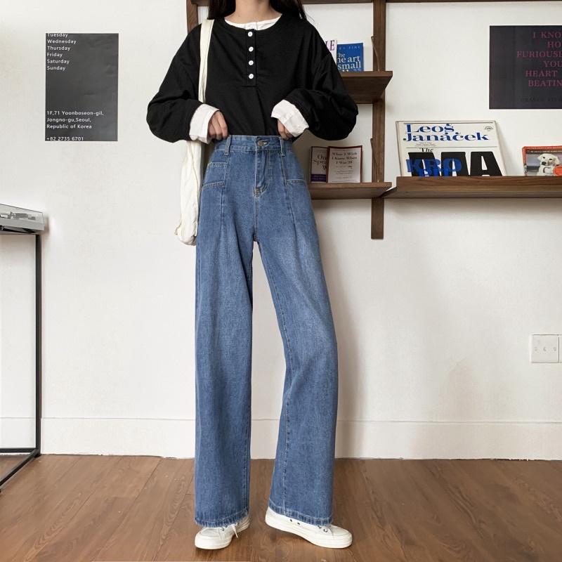 Quần Jeans Ống Suông Rộng Cạp Cao Nhiều Túi Hàng Quảng Châu Chất Dày Đẹp