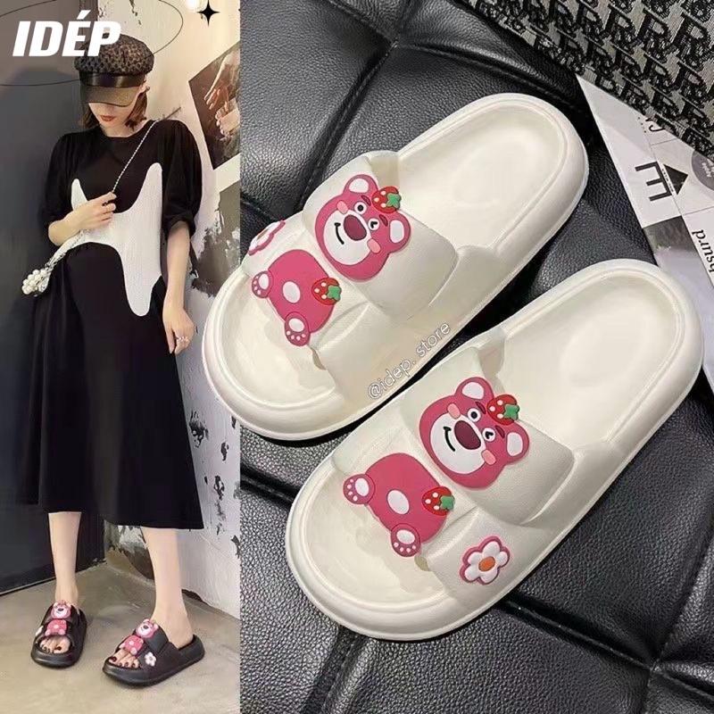 Dép Bánh mì hình vuông gắn sticker GẤU HỒNG cao 3cm nữ quai ngang chất EVA siêu nhẹ iDÉP DL259