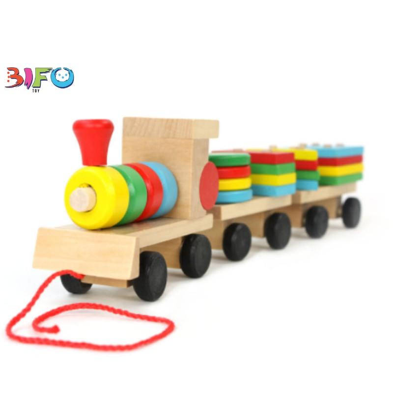 Đồ chơi tàu gỗ thả hình khối và màu sắc tổng hợp theo phương pháp Montessori giúp bé phát triển trí thông minh toàn diện