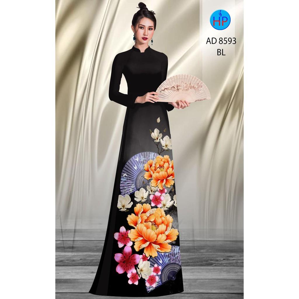 Vải may áo dài in hoa mẫu đơn ngũ sắc và quạt