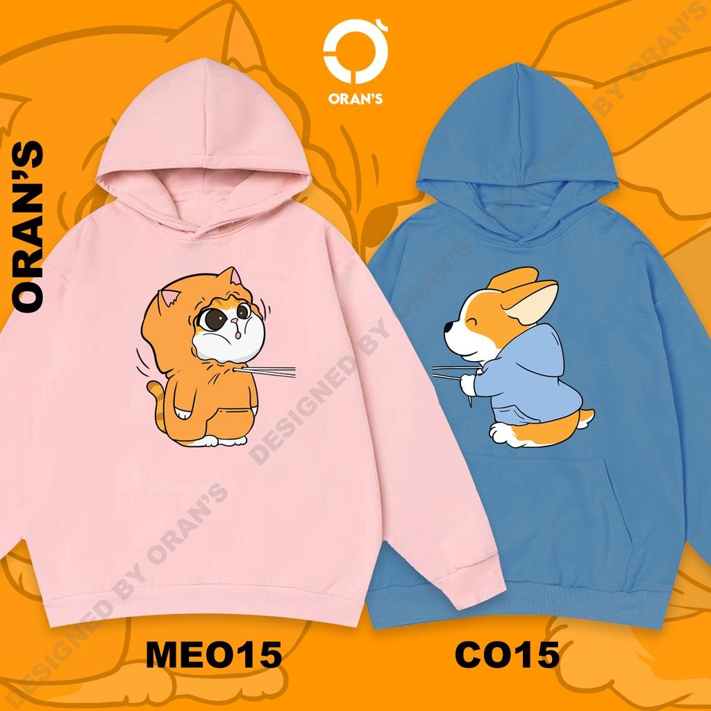 Áo Hoodie đôi in hình chó corgi và mèo 4 màu chất nỉ cotton lót bông cao cấp form rộng unisex - ORAN'S HOODIE COUPLE 15