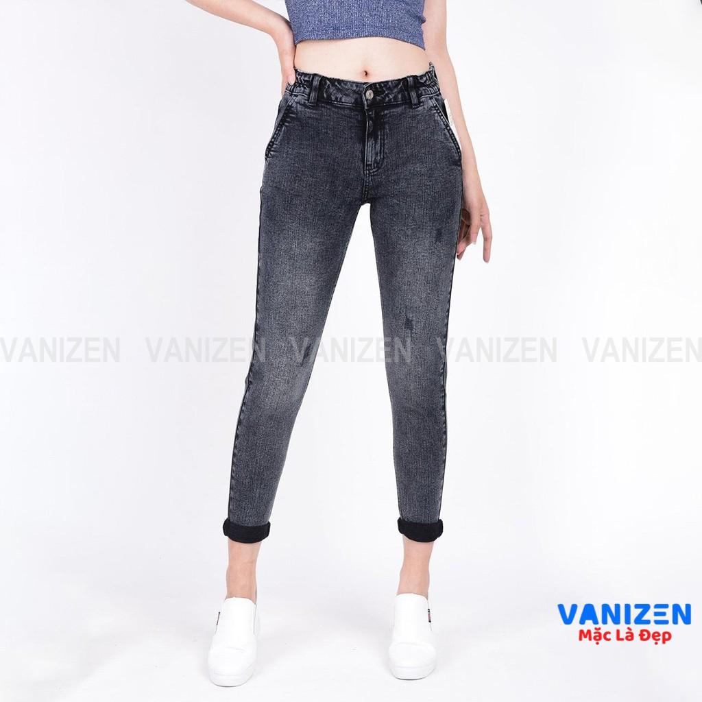 Quần jean nữ ống rộng baggy đẹp lưng cao cạp bán chun xám xước hàng cao cấp mã 450 VANIZEN