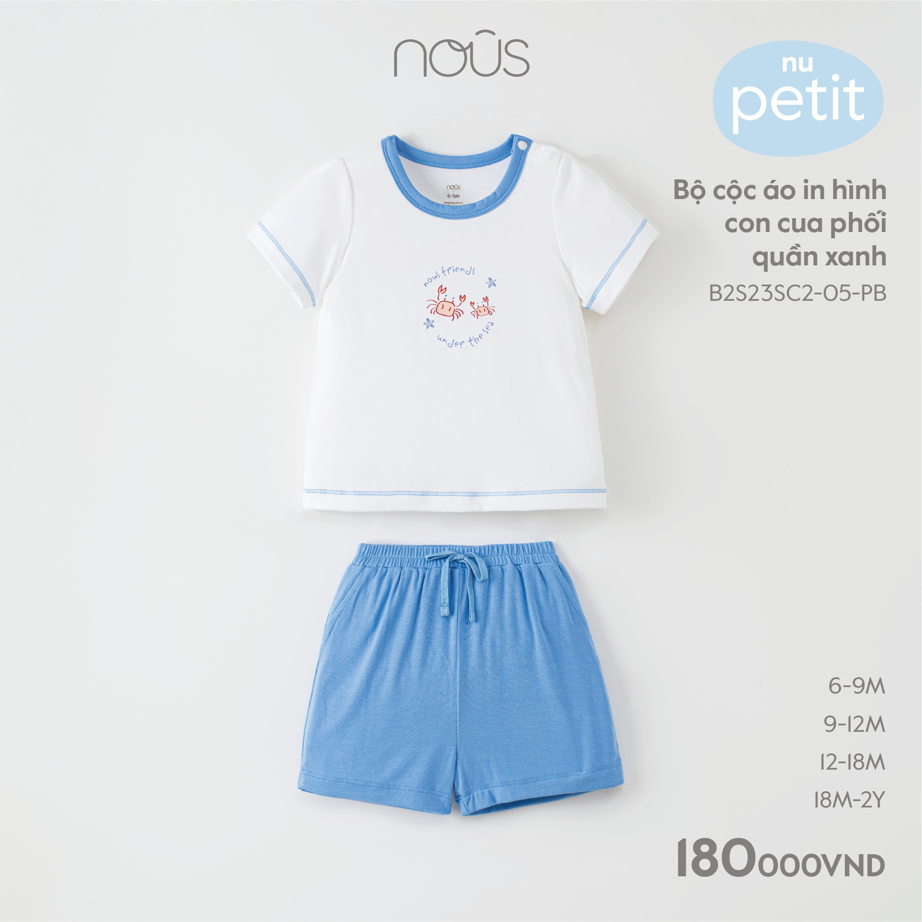 Bộ quần áo chui đầu cộc Nous màu xanh chất liệu Nu Petit kháng khuẩn từ 6-9 tháng đến 18-24 tháng