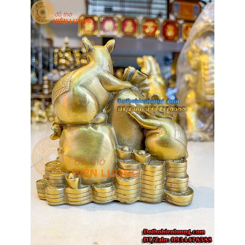 Tượng Gia Đình Chuột Ôm Bao Tiền Bằng Đồng Cao 15cm - Tượng Chuột Ngũ Phúc
