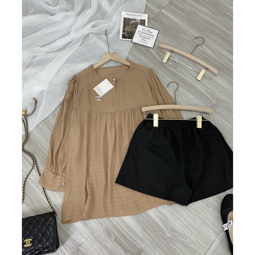 Sét áo babydoll thụng nâu xoè mix quần sooc đen trơn