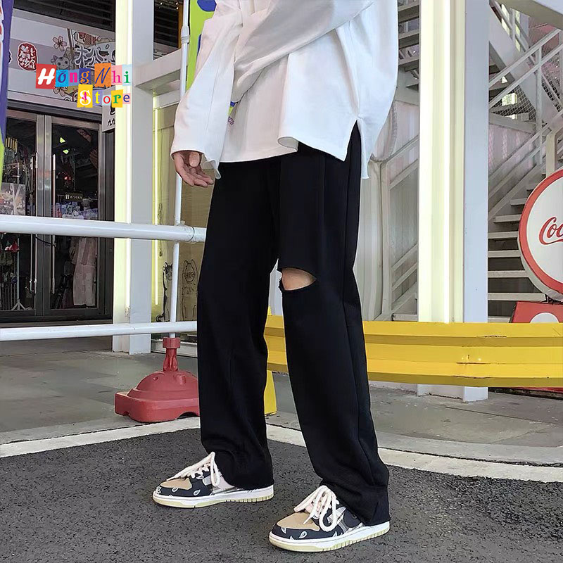Quần Ống Rộng Rách Gối Màu Đen Lưng Thun Culottes Ulzzang Unisex - MM