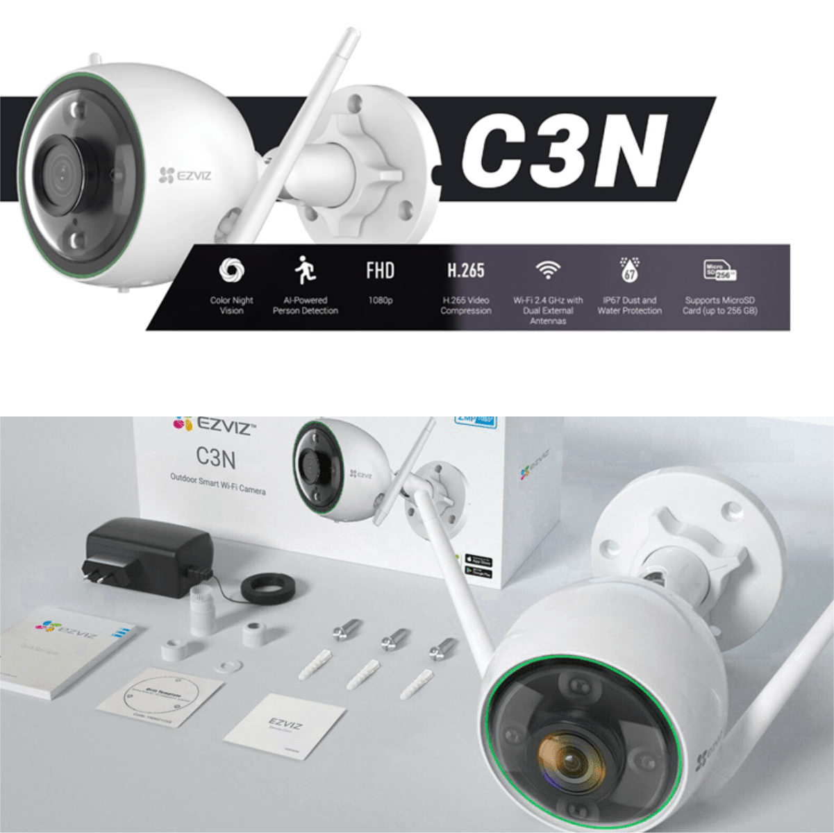 Camera EZVIZ C3N 1080P, WIFI, Chống Nước IP67, Ghi Gình Ban Đêm Có Màu, Tích Hợp AI, Chuẩn Nén Video H.265 - Hàng Chính Hãng