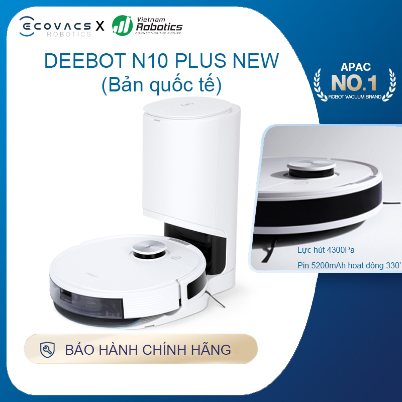 Robot hút bụi lau nhà Ecovacs Deebot N10 PLUS New - Trắng Bản Quốc tế - App Tiếng Việt, hàng nhập khẩu chính hãng full VAT, bảo hành chính hãng 24 tháng bởi Vietnam Robotics, lực hút 4300Pa, thời gian hoạt động 6,5 giờ liên tục