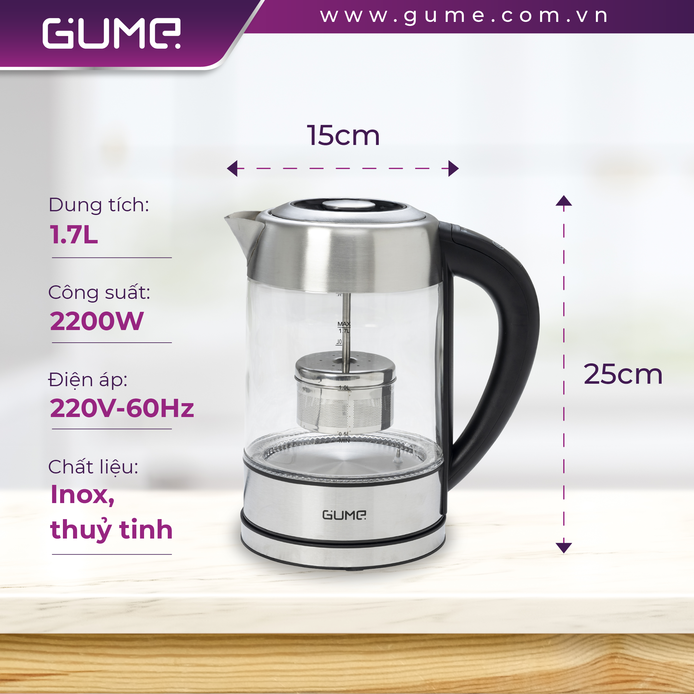 Ấm Đun Siêu Tốc Khử Clo GUME Thủy Tinh 1.7L - Hàng Nhập Khẩu Hàn Quốc