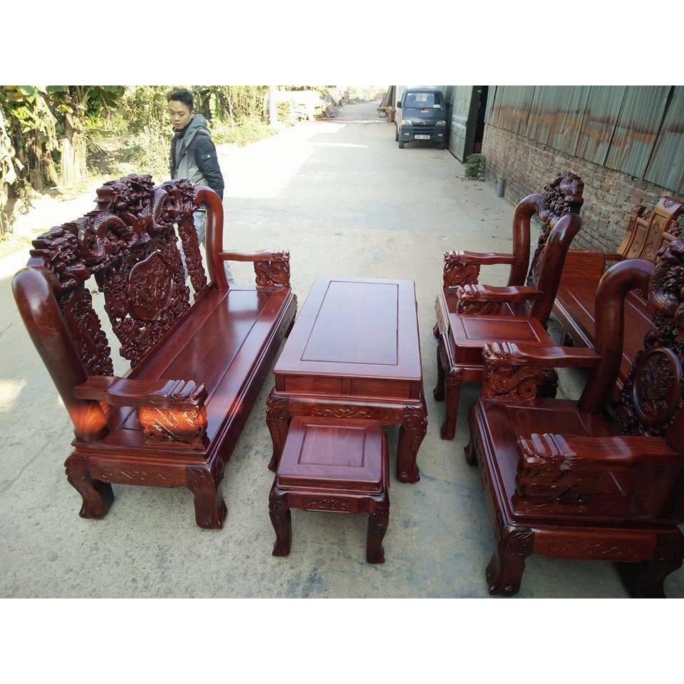 Bộ bàn ghế gỗ phòng khách rồng trầu mặt nguyệt gỗ hương vân