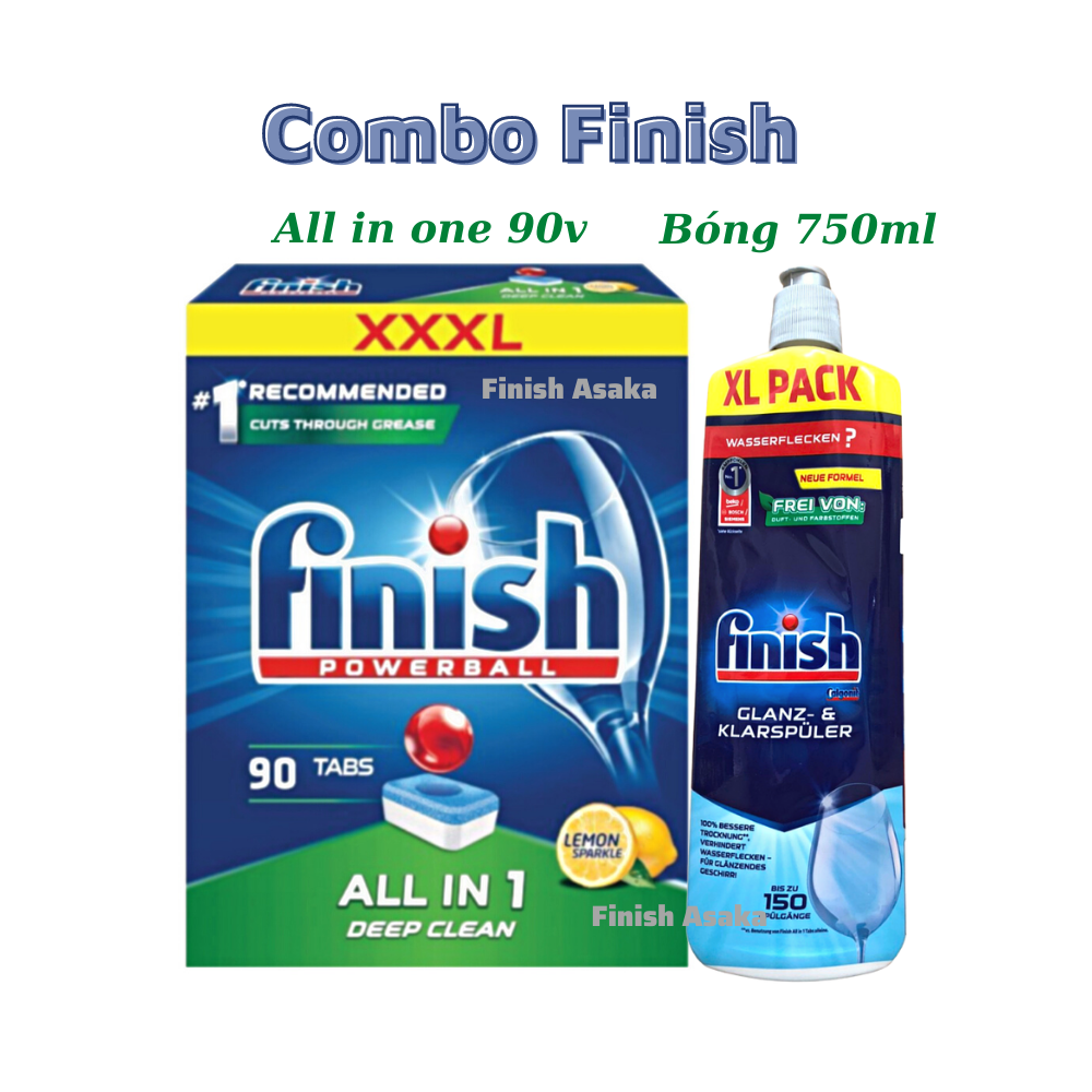 Combo Dầu làm bóng finish 750ml+Viên rửa bát Finish All in one 90v hương chanh dùng cho Máy rửa bát