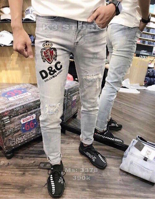 Quần jeans nam wax cao cấp rách gối D&amp;C