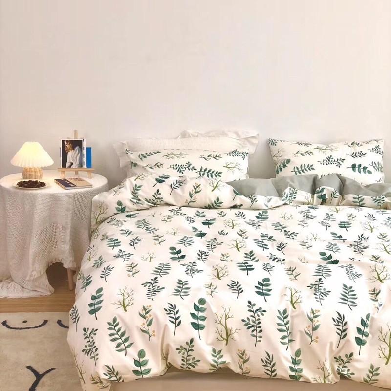 Bộ Chăn Ga Gối Cotton Living 100%cotton Hàng Nhập Khẩu Cao Cấp 4 Món Lá Xanh