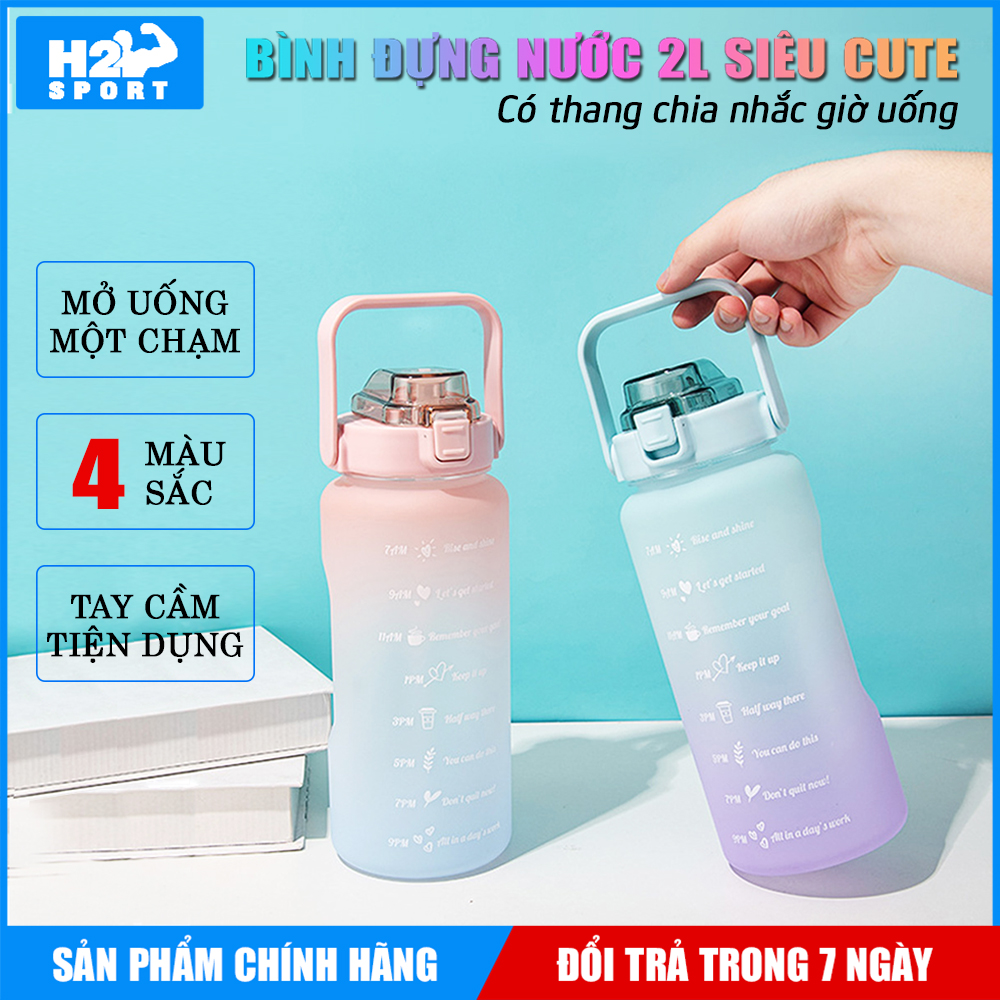 Bình đựng nước 2L dễ thương có vạch báo giờ uống nước - màu sắc cực cool - thương hiệu YY cao cấp