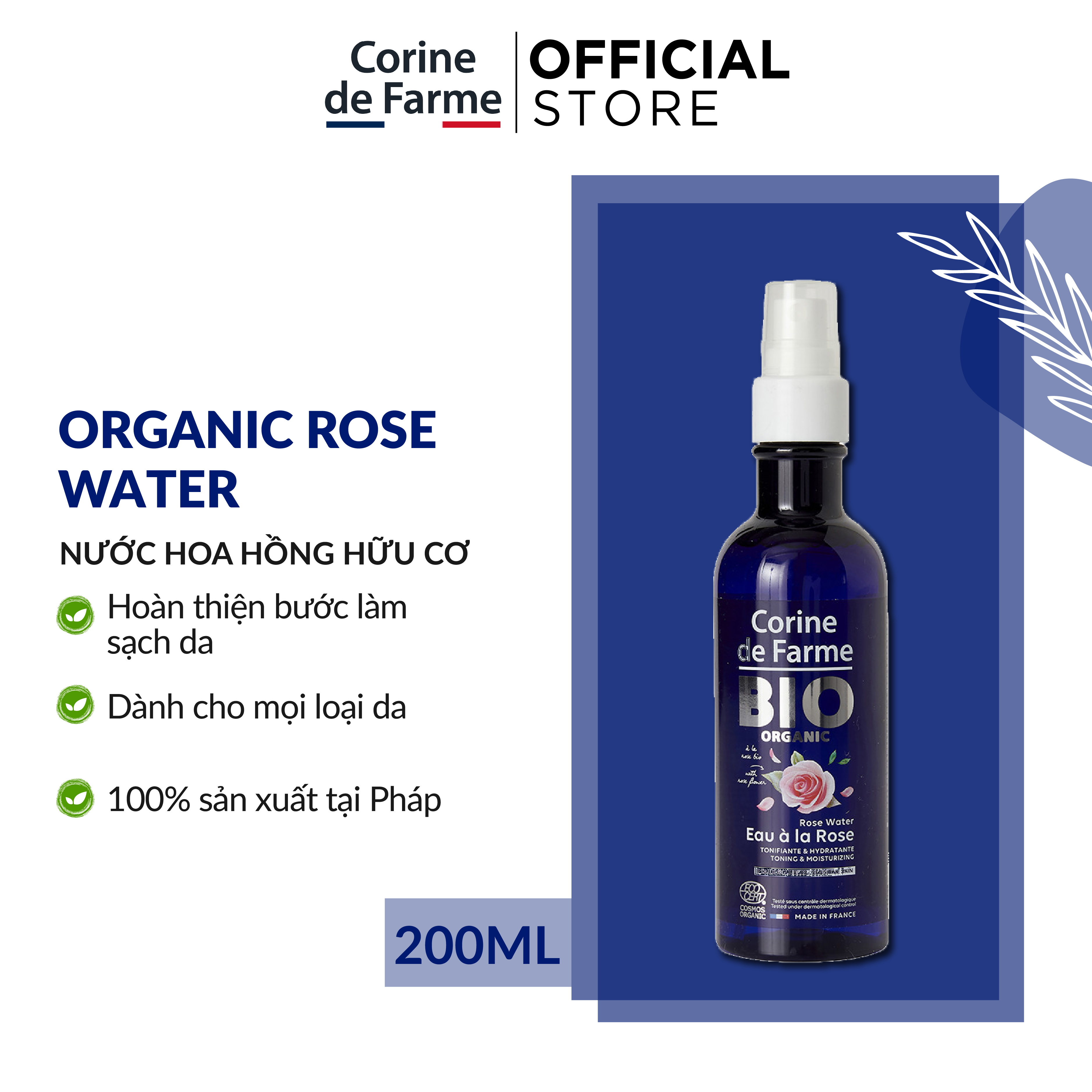 Nước Hoa Hồng Hữu Cơ Cho Da Nhạy Cảm Corine De Farme Bio Organic Rose Water 200ml