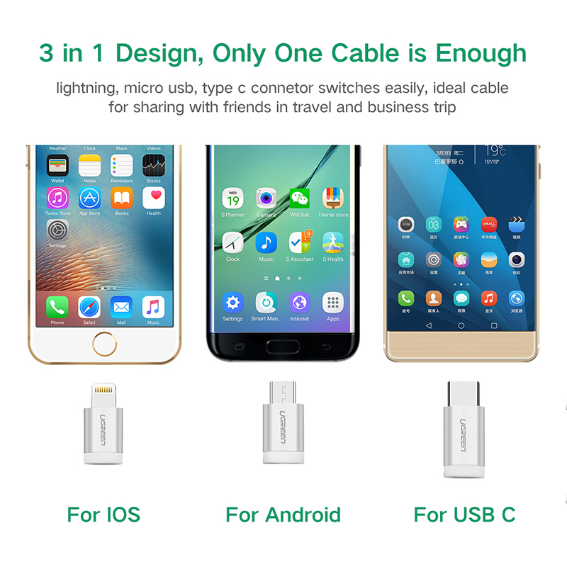 Dây cáp chuyển đổi (3 trong 1) USB 2.0 sang Lightning, Micro USB, Type-C dài 1m UGREEN US199 30784 - Hàng chính hãng