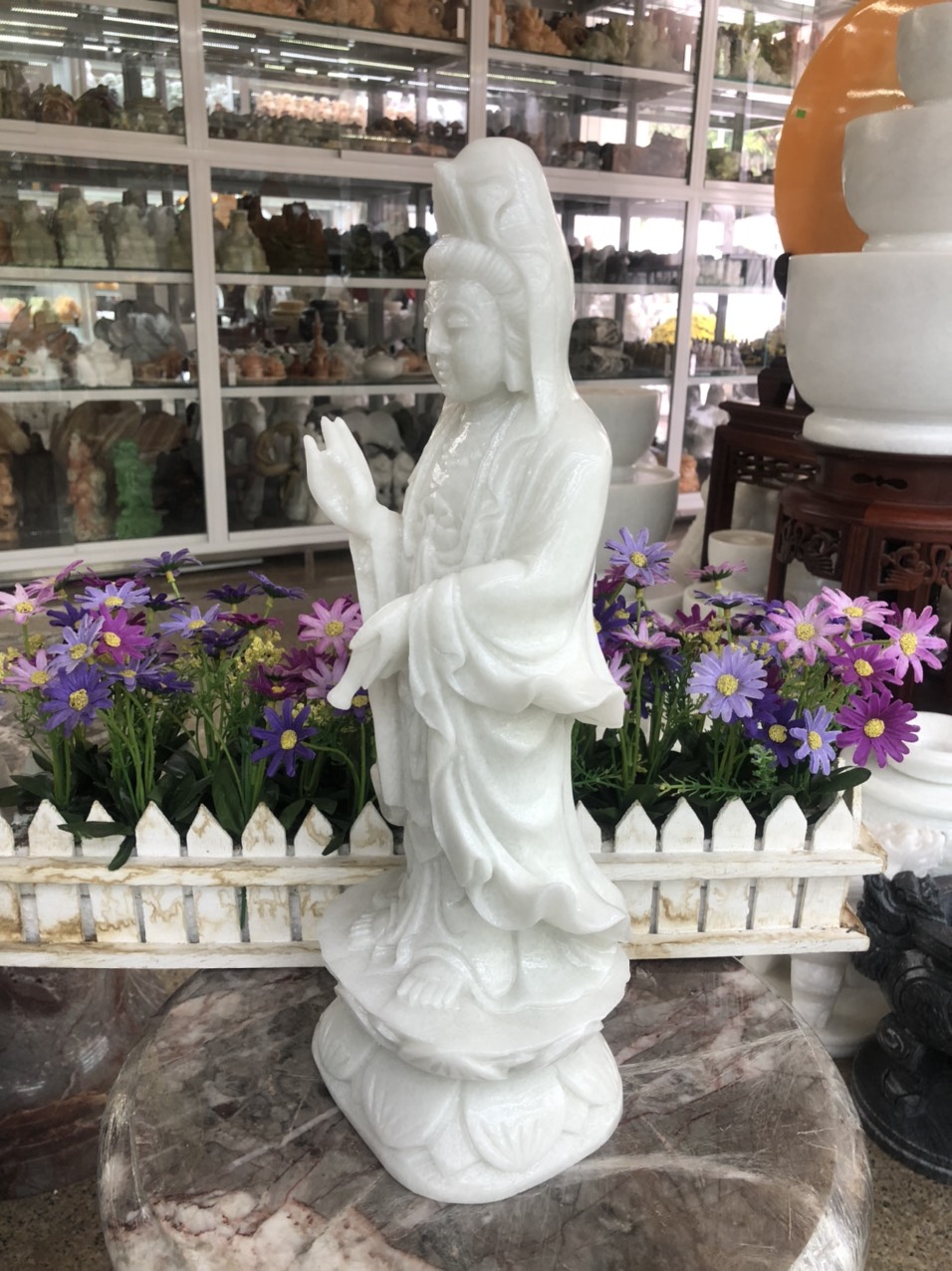 Tượng Phật Bà Quan Thế Âm Bồ Tát đứng đài sen đá cẩm thạch trắng - Cao 40 cm