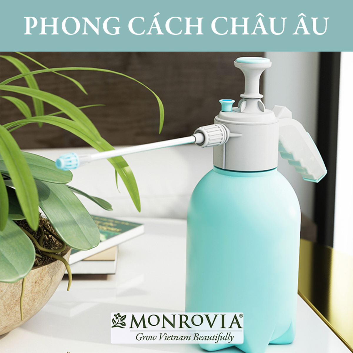 Bình xịt tưới cây MONROVIA 2 lít, phun sương tưới cây cảnh, vòi dài, tặng vòi ngắn, màu xanh, tiêu chuẩn Châu Âu