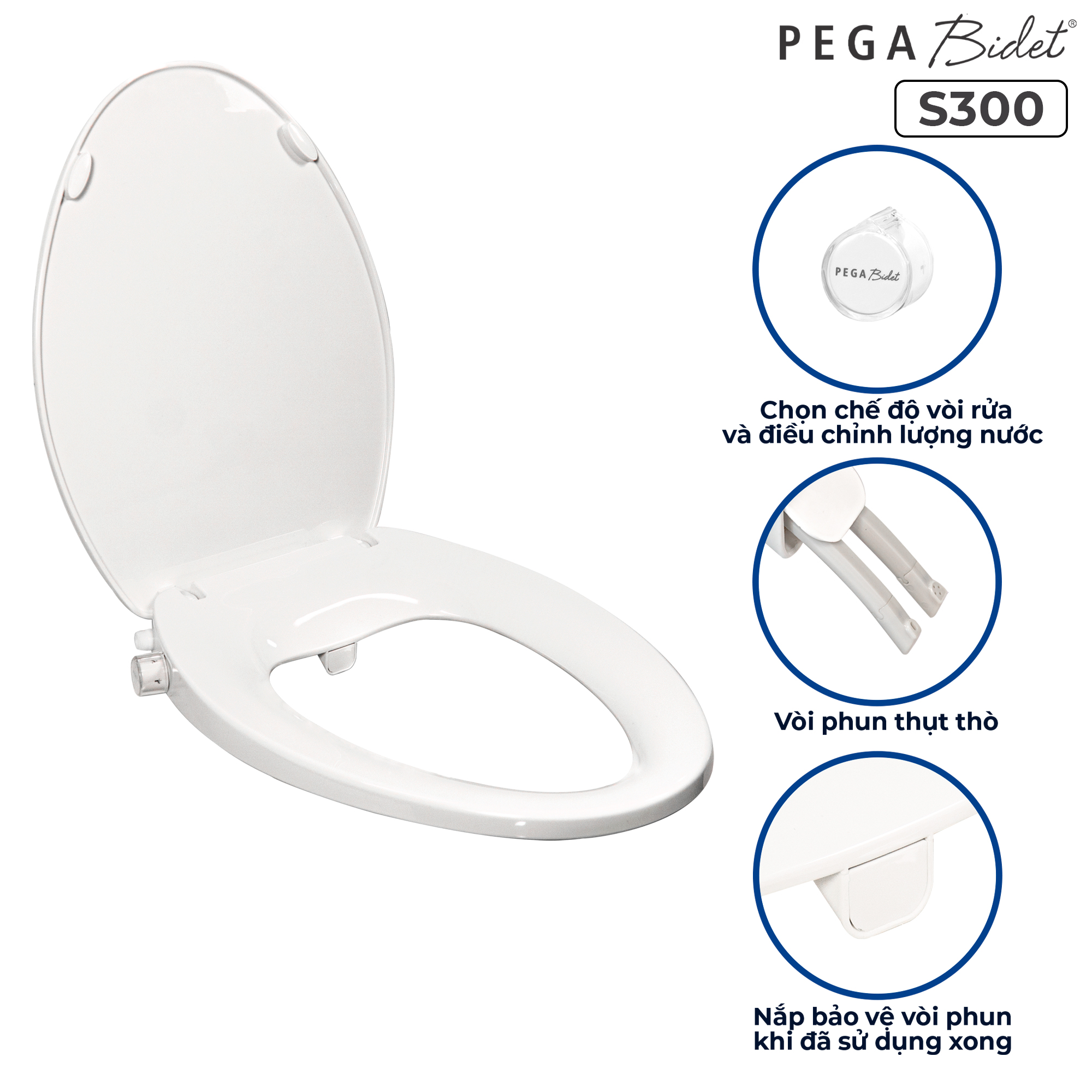 Nắp bồn cầu thông minh PEGA Bidet S300, 2 vòi phun, có vòi vệ sinh dành riêng cho phụ nữ, không dùng điện, hoạt động bằng áp lực nước - Thương Hiệu Mỹ