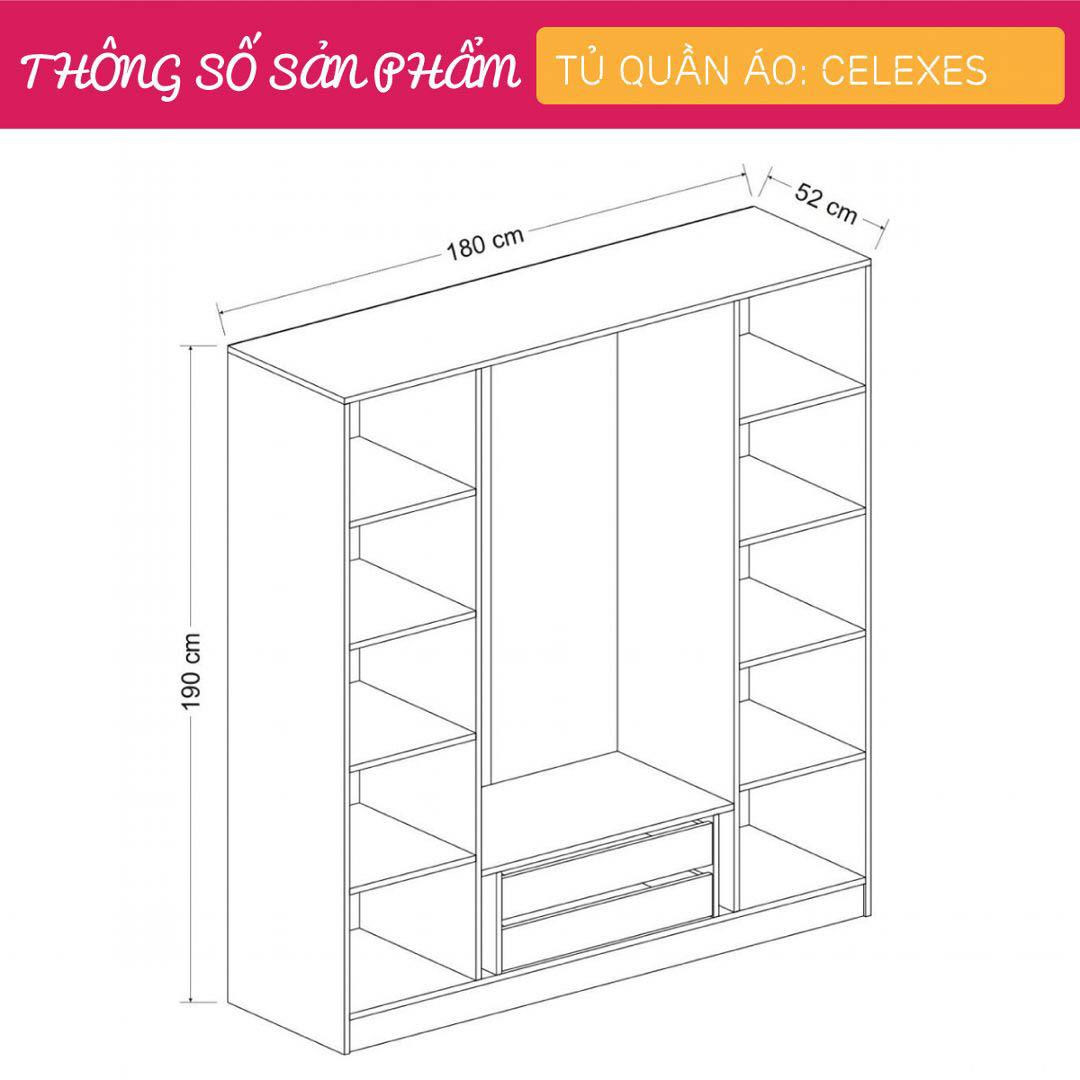 Tủ quần áo gỗ hiện đại SMLIFE Celexes | Gỗ MDF dày 17mm chống ẩm | D180xR52xC190cm