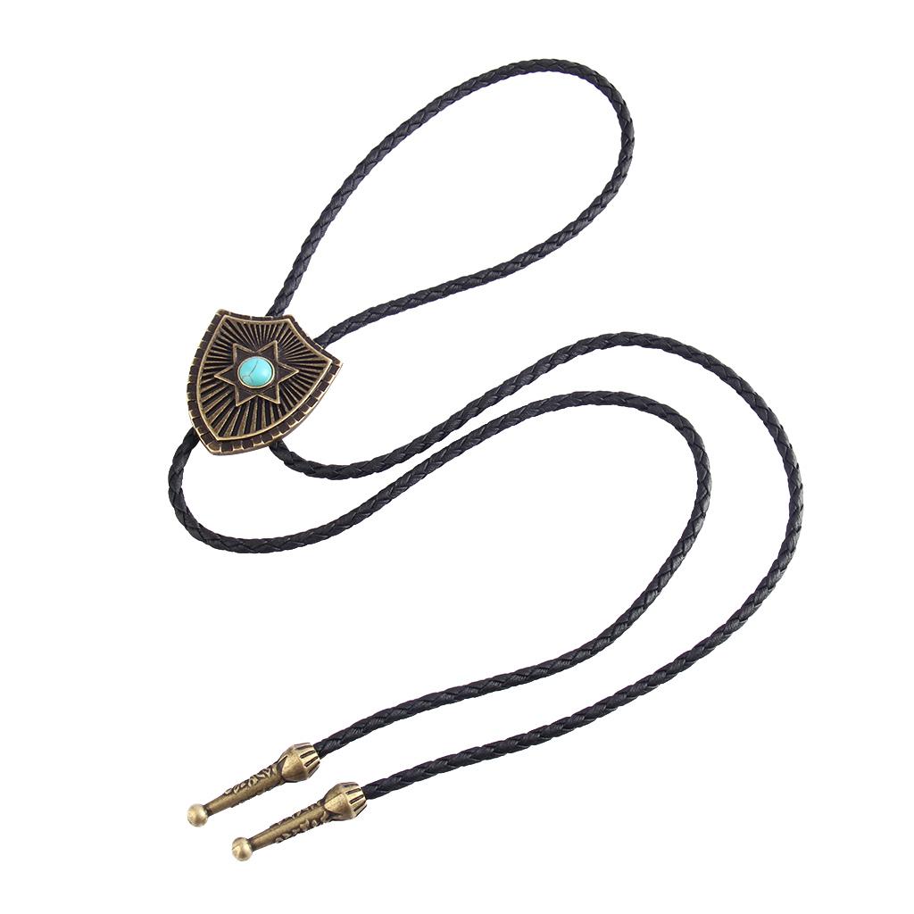 Vintage Turquoise Bolo Tie  Necklace with  Pendant Native  India Western Cowboy Bronze Color - PU Rope