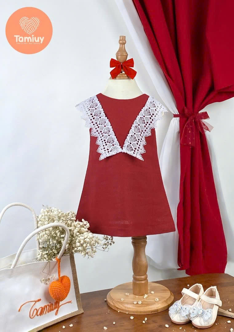 Đầm Bé Gái Tamiuy Linen Phối Ren Cổ Tròn Ren Chữ V, Đầm Xòe Bé Gái Dạo Phố, Diện Tết,Size 10–40kg