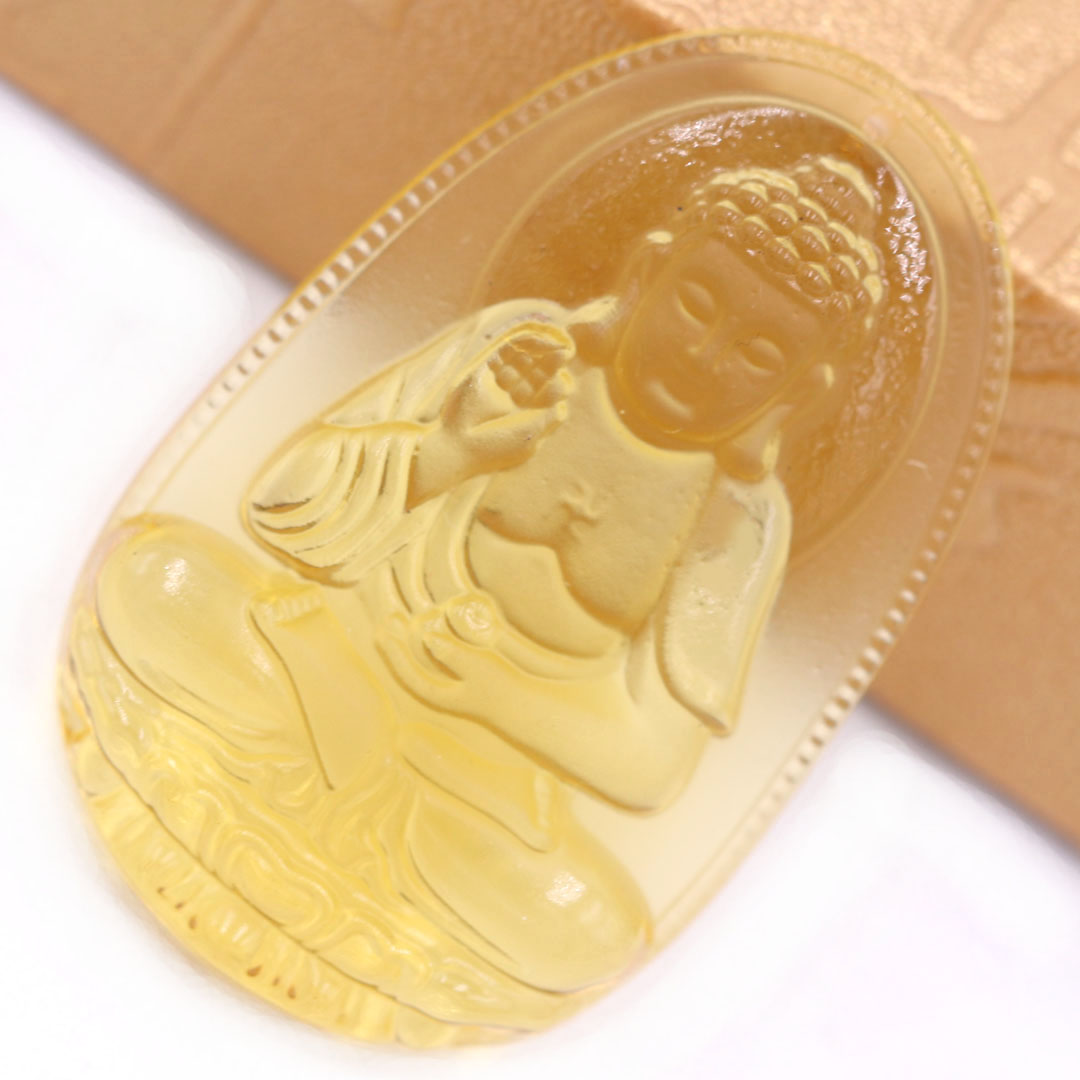 Mặt Phật A di đà 5 cm (size XL) thuỷ tinh vàng kèm móc và dây chuyền inox vàng, Mặt Phật bản mệnh