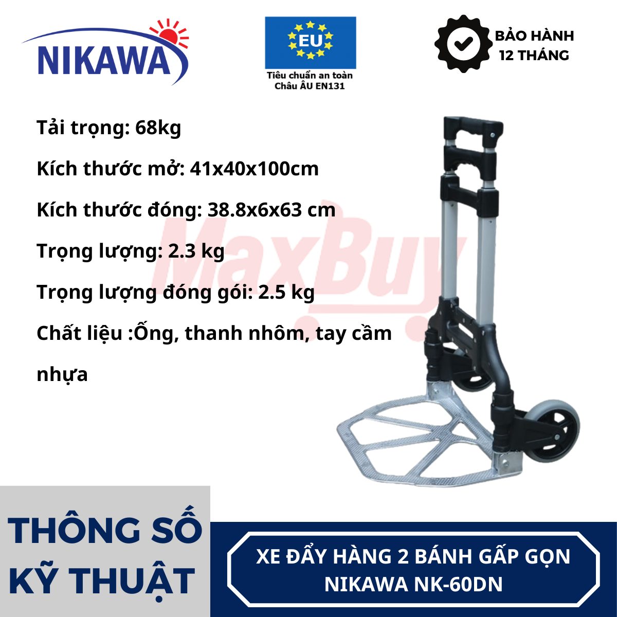 Xe đẩy hàng 2 bánh chính hãng Nikawa NK-60DN tải trọng 68Kg