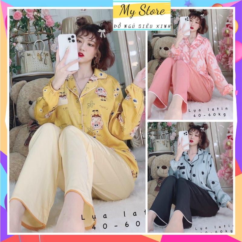 Đồ ngủ mặc nhà Pijama tiểu thư, chất lụa latin cao cấp mềm mịn mát - Freesize dưới 60 kg, tay dài quần dài