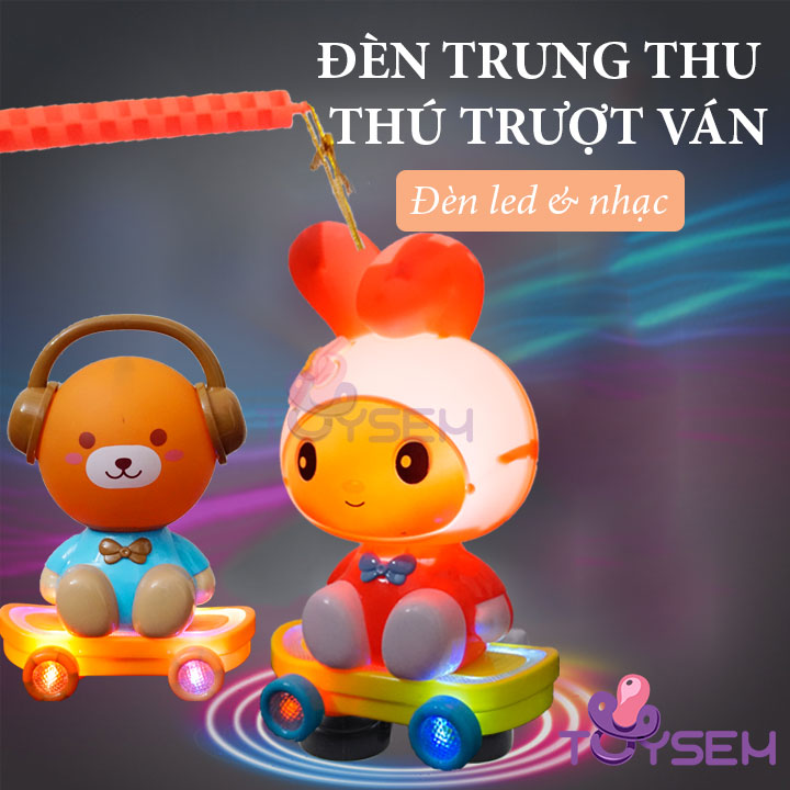 Đèn trung thu chú thỏ và gấu có đèn lướt ván trượt và nhạc cho bé - Lồng đèn Đồ chơi trẻ em