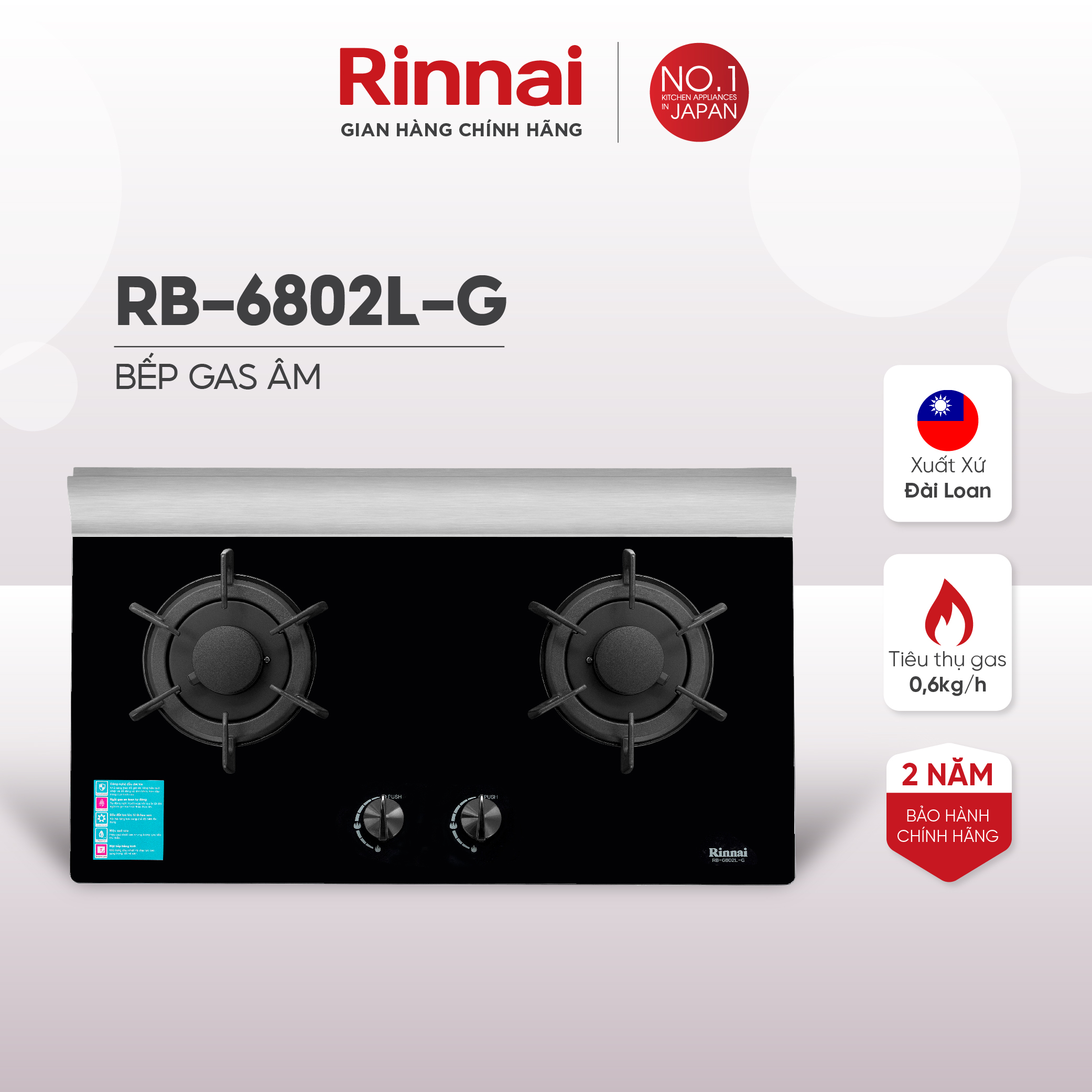 Bếp gas âm Rinnai RB-6802L-G mặt bếp kính và kiềng bếp gang - Hàng chính hãng.