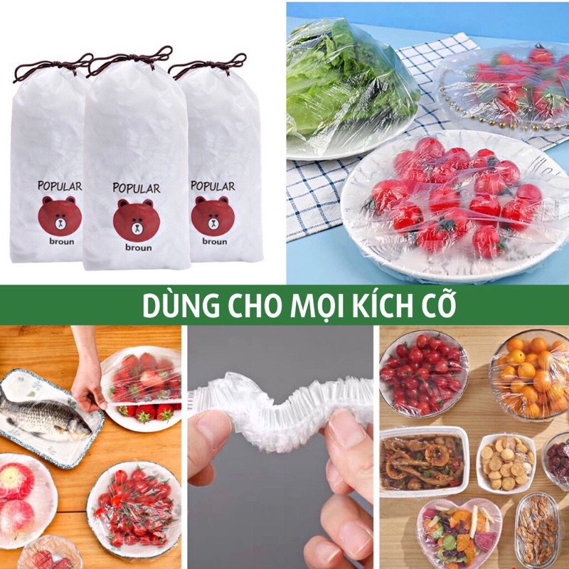 Combo 100 màng bọc thực phẩm, túi bọc thực phẩm nilong có chun co giãn, tái